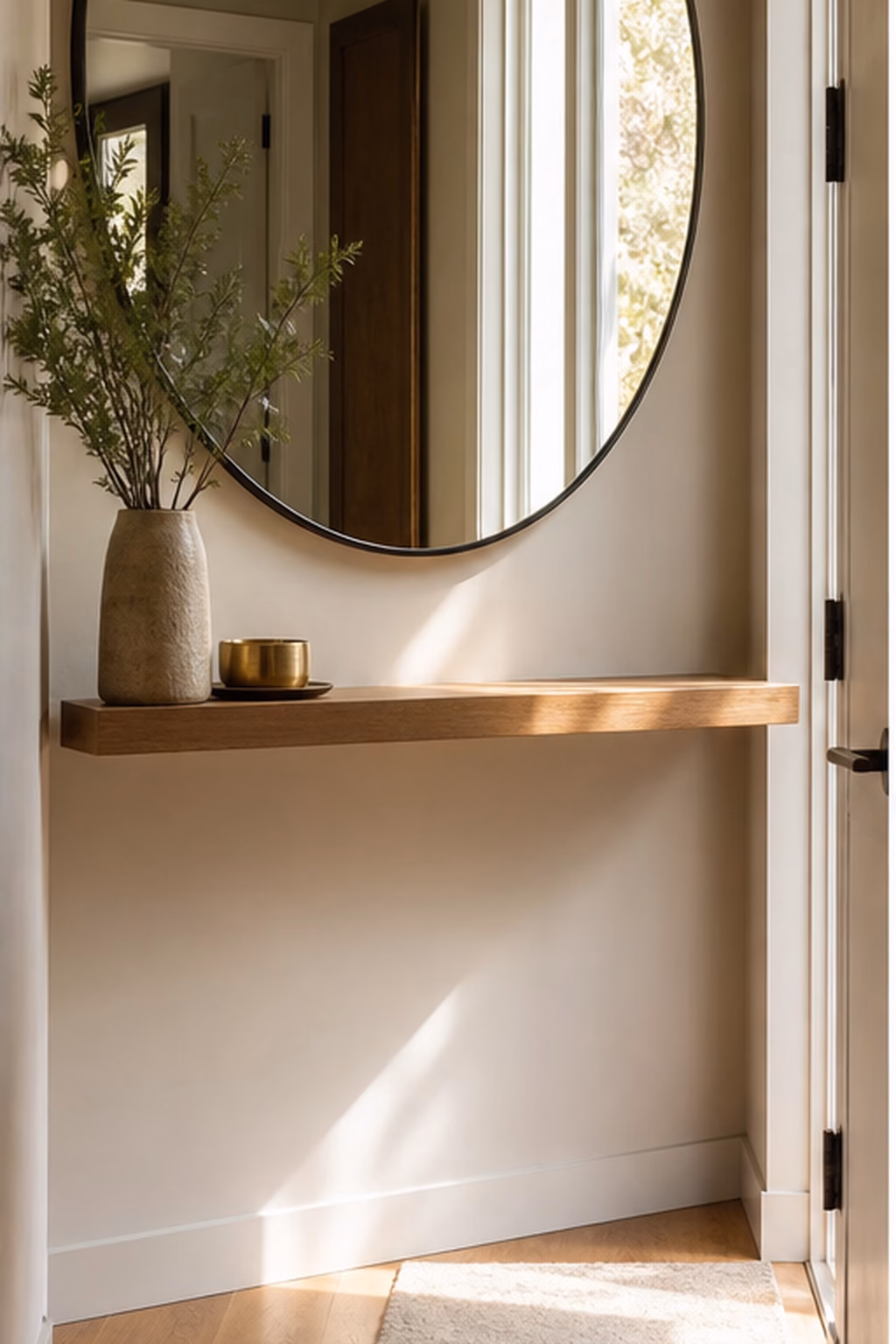 Oversized round mirror making a tiny entry feel larger