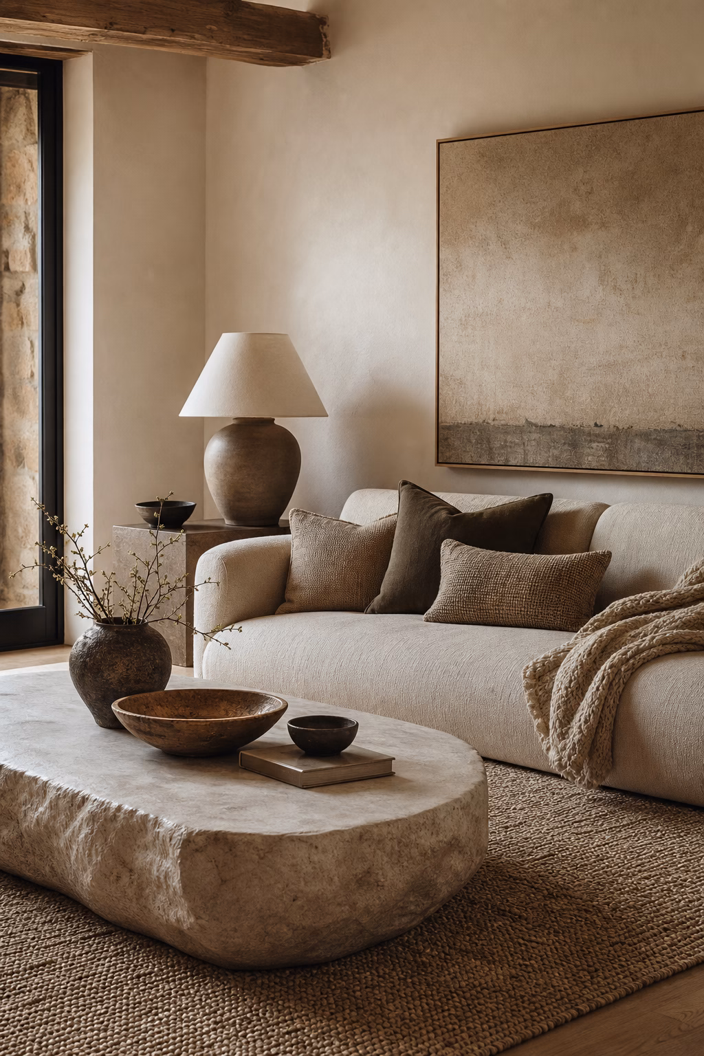 Earthy living room with matte ceramics wood stone and woven texture