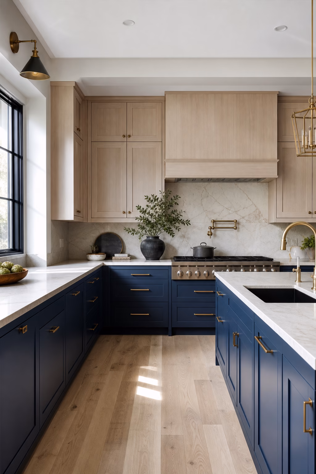 Two-tone kitchen with blue lower cabinets and light upper storage.