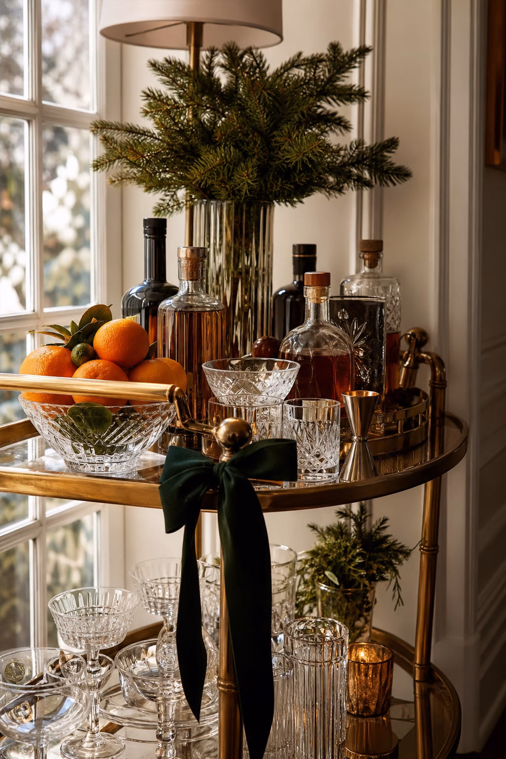 Holiday bar cart styled for easy hosting with glassware and greenery