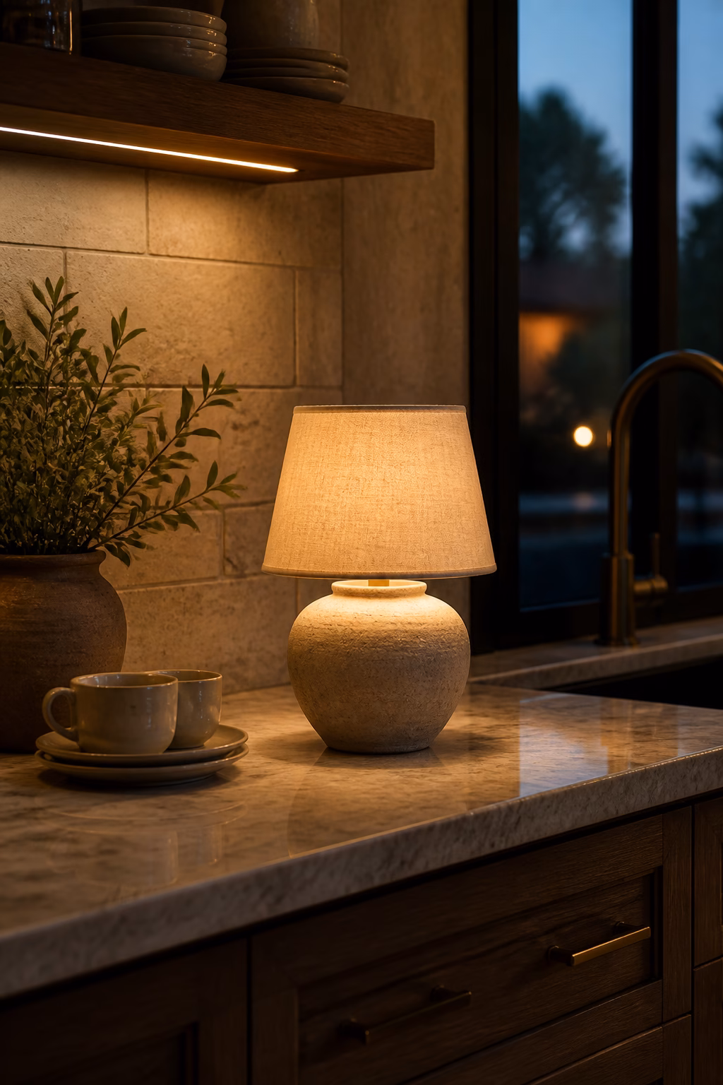 Small counter lamp adding warm evening atmosphere to a sleek kitchen