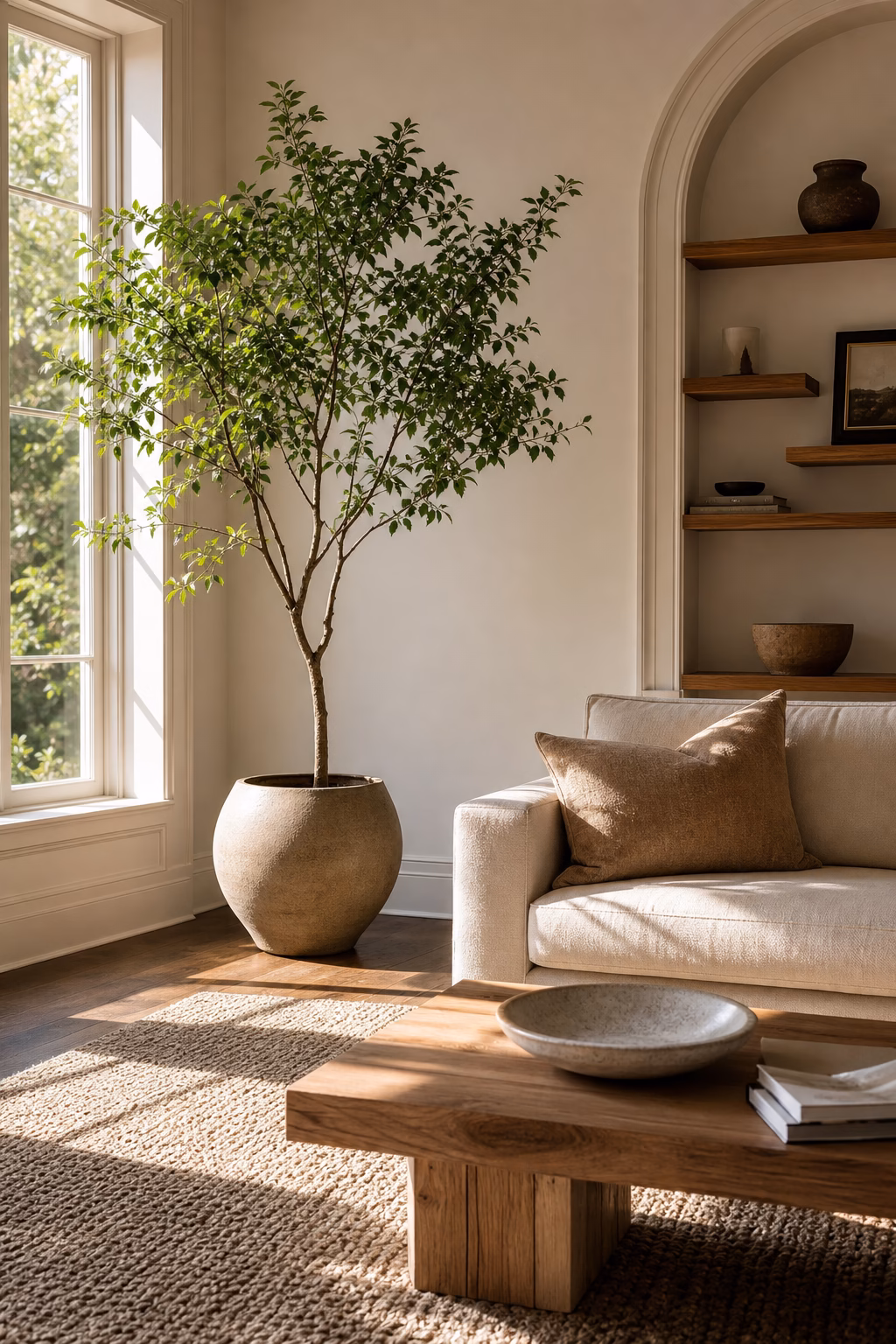 Cosy living room with sculptural indoor tree beside a window