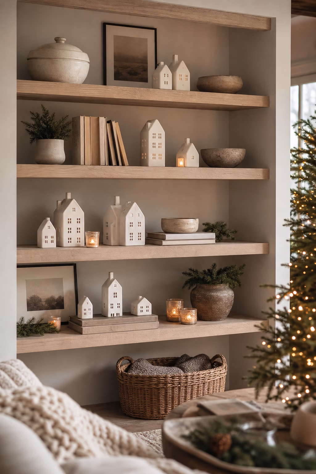 Ceramic houses styled among books on open Christmas shelves