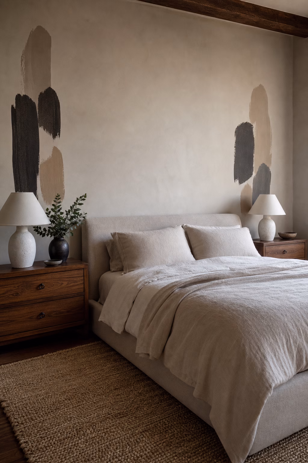 Abstract brushstroke decals above bedroom nightstands