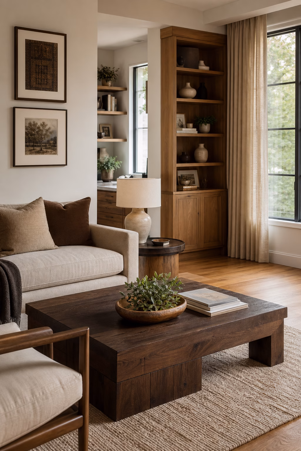 Cozy living room with intentionally mixed oak and walnut wood tones throughout the furniture.