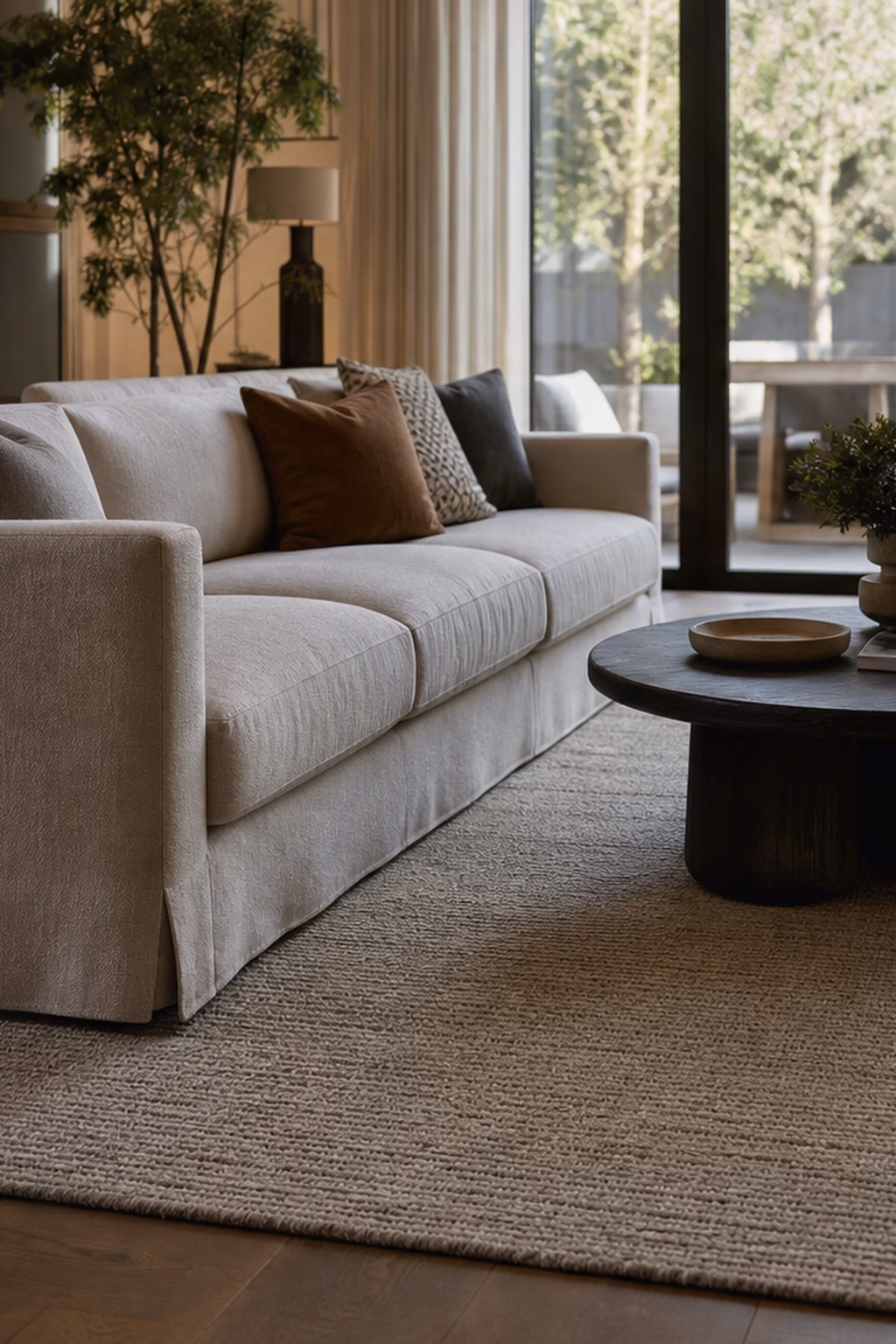Neutral textured area rug grounding a living room seating area.