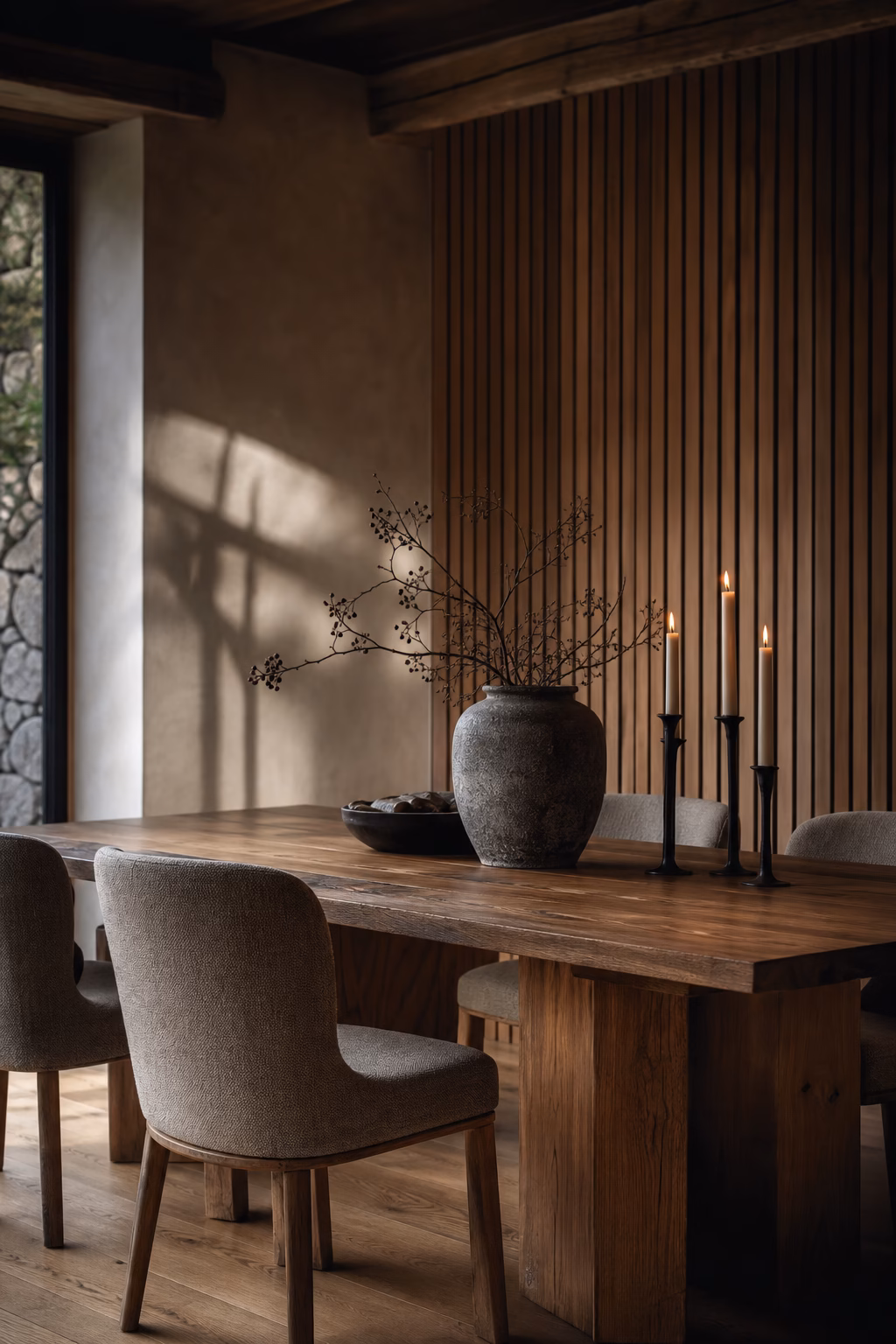 Thin wooden battens adding rustic rhythm to a dining room wall