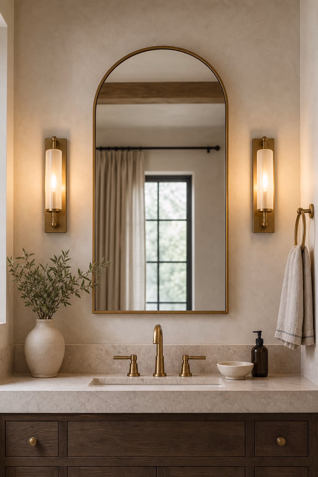 Bathroom mirror framed by two vertical sconces above a stone vanity