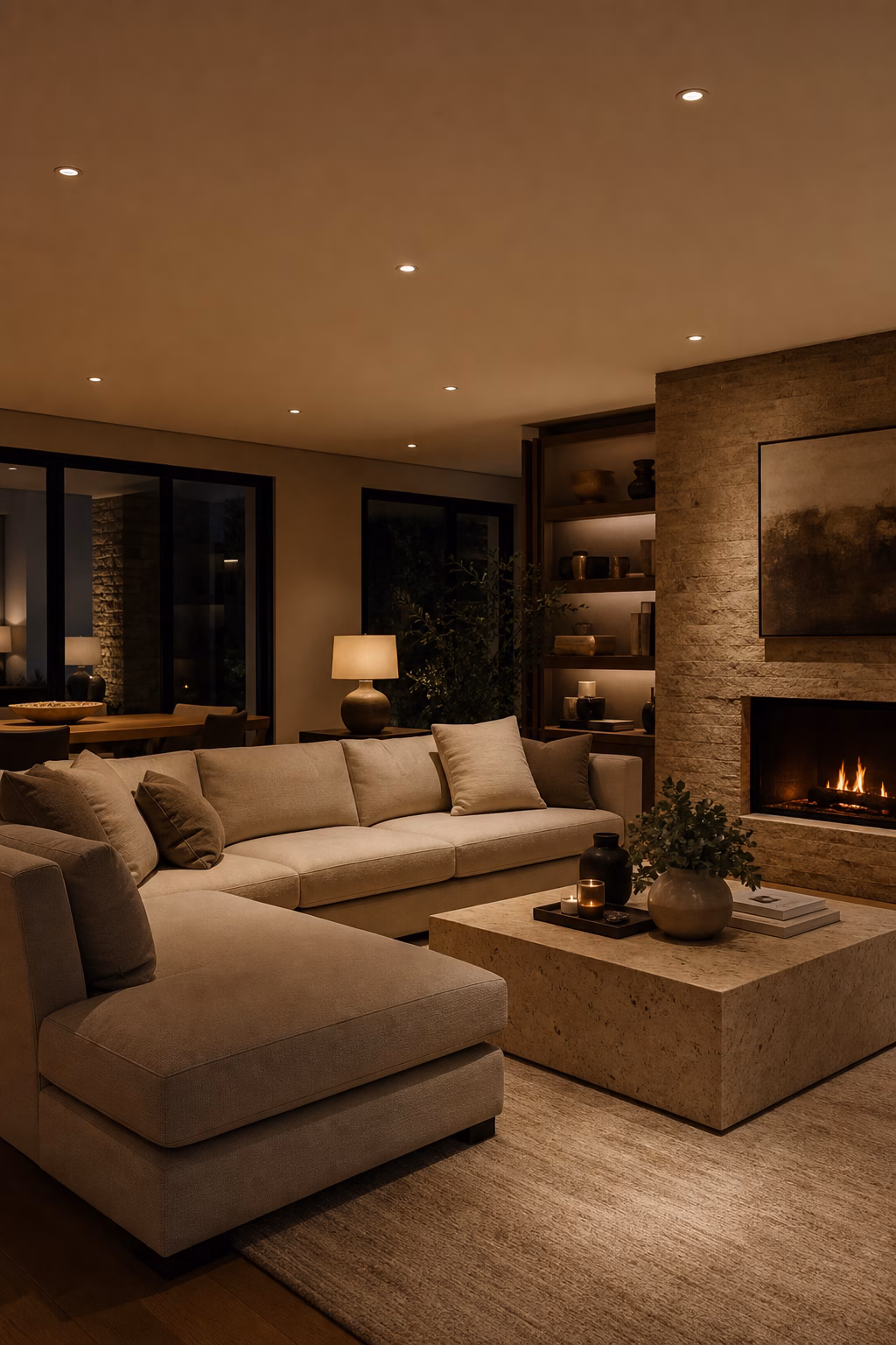 Living room with recessed downlights dimmed to a warm evening glow