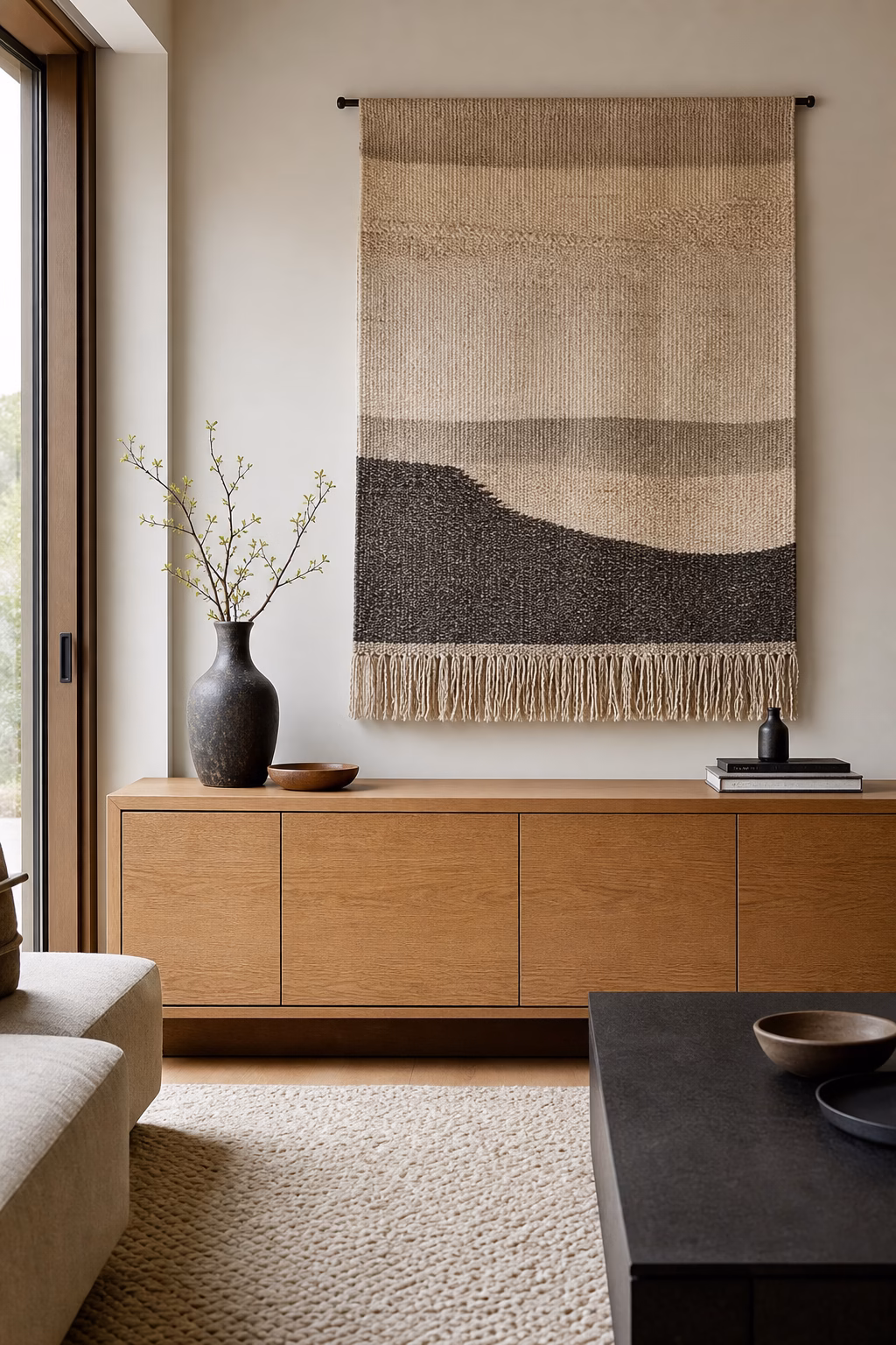 Gallery wall arranged around a woven textile anchor in a family room.