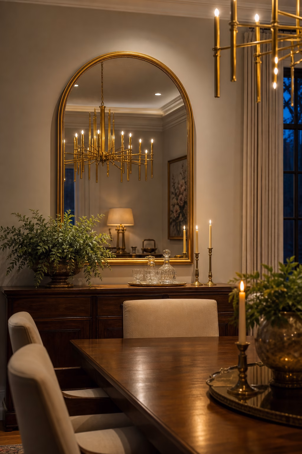 Arched gold mirror reflecting chandelier light in a dining room