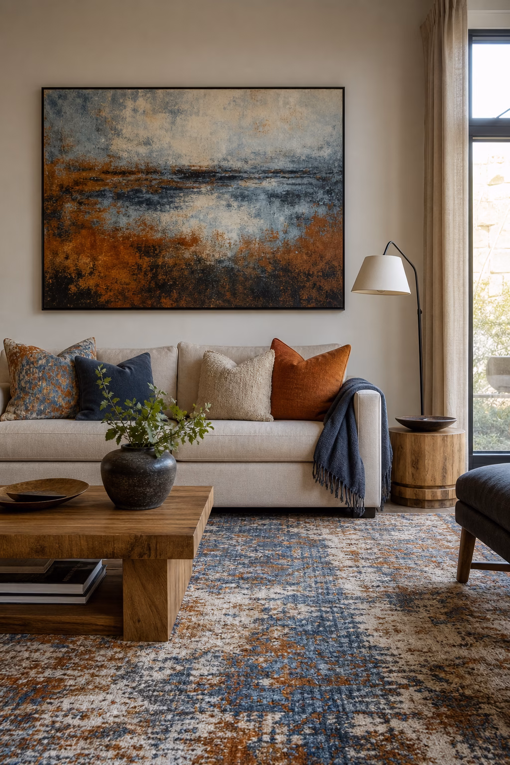 Living room artwork echoing colors from a patterned rug