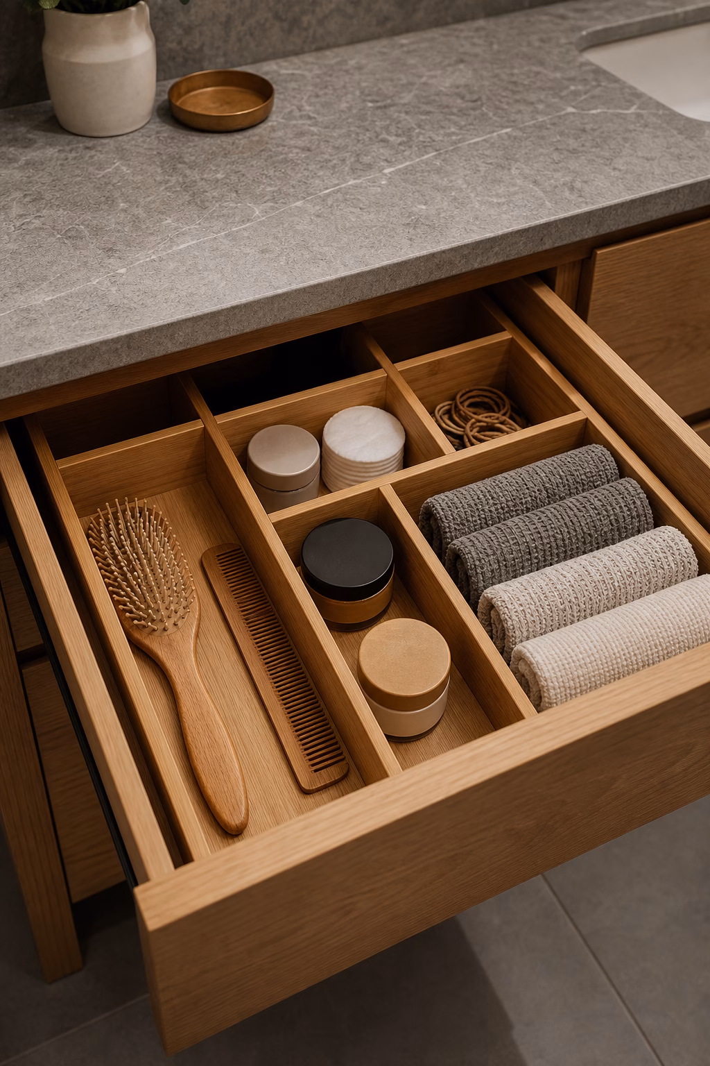 Open oak bathroom vanity drawer with bamboo dividers and grooming tools