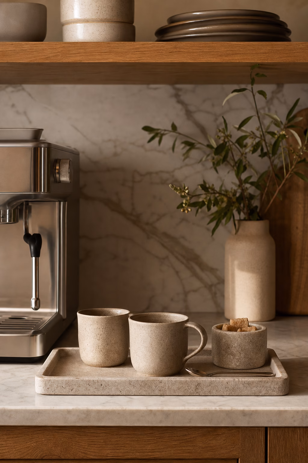 Compact kitchen coffee station tray with espresso machine mugs and sugar bowl