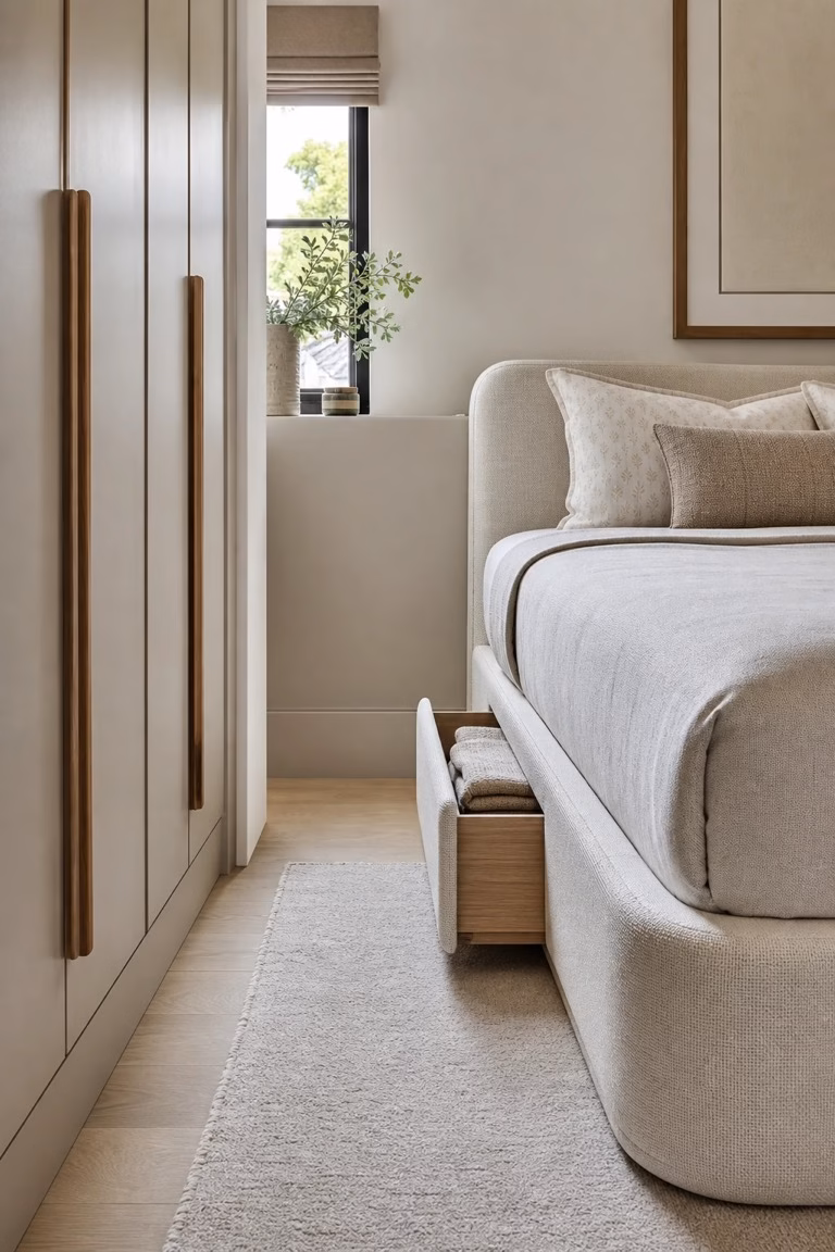 Storage bed with rounded corners making a tight bedroom walkway easier to use.