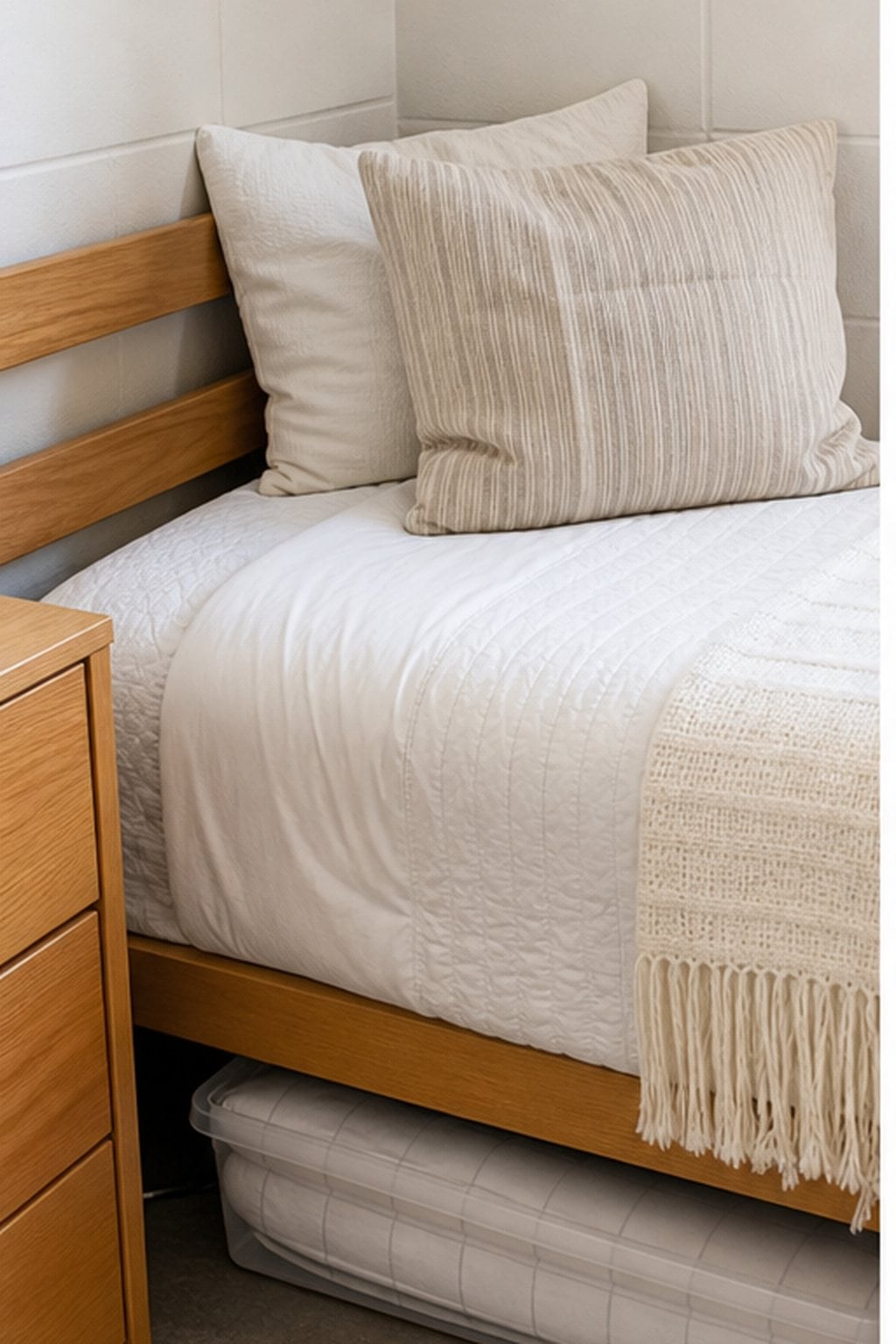 Dorm bed with simple washable bedding, one back pillow, and easy under-bed linen storage.