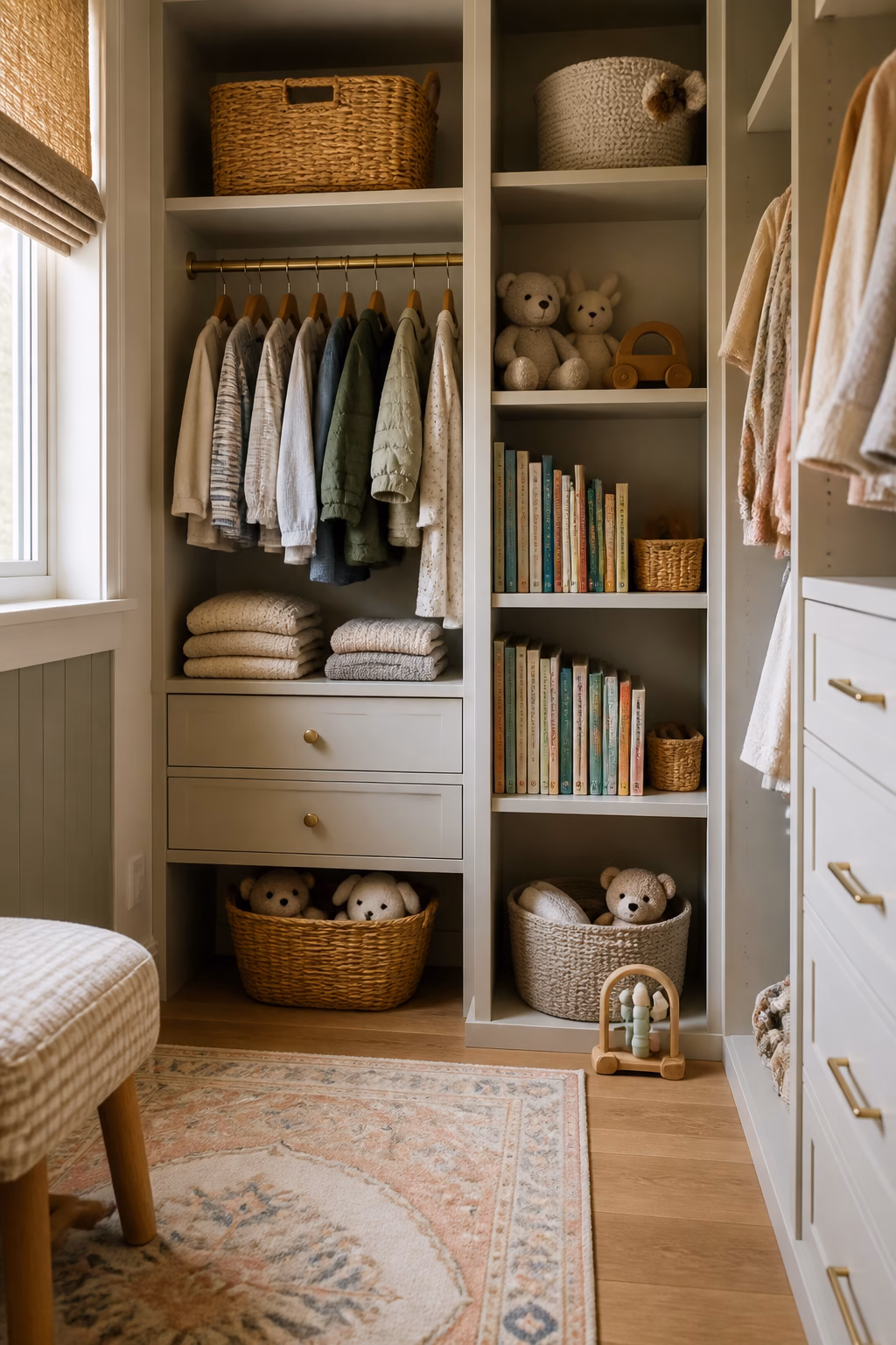 Kids closet with clothing storage, picture books, toy basket, folded knits, and polished open shelving.
