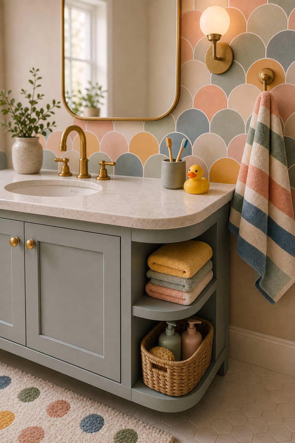 choose rounded hardware and soft edges shown in a polished kids bathroom with realistic materials and natural light.