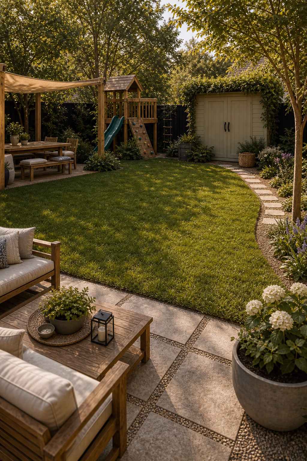 plan a flexible open play zone shown in a polished kids backyard with realistic materials and natural light.