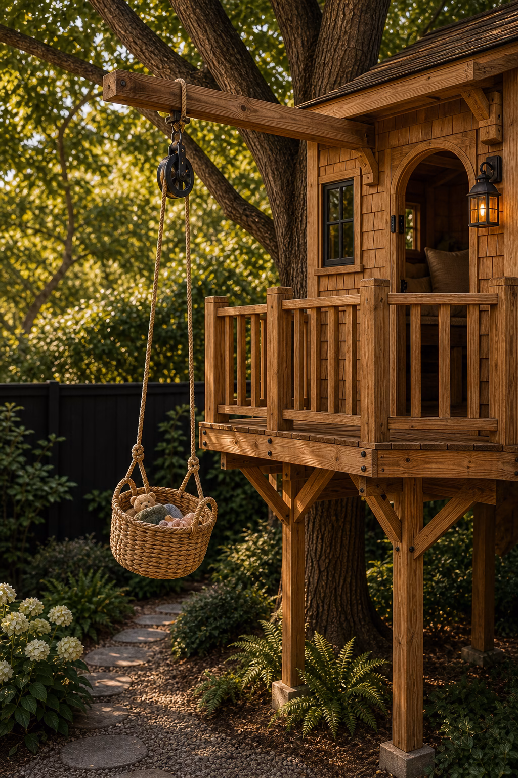 add a pulley basket for play shown in a polished treehouse with realistic materials and natural light.