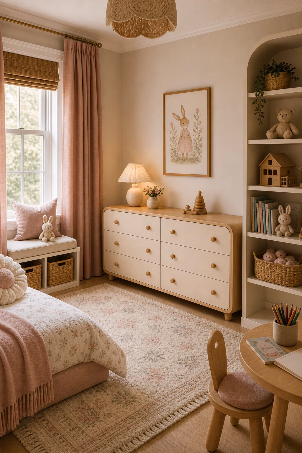 anchor furniture and hide cords shown in a polished toddler girl bedroom with realistic materials and natural light.