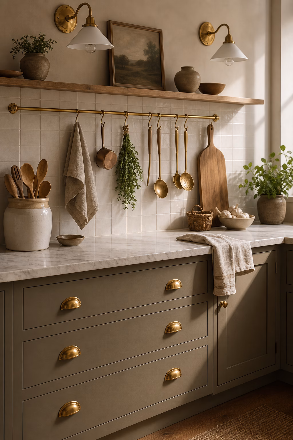 Cozy kitchen prep wall with brass hardware rail and stone counter