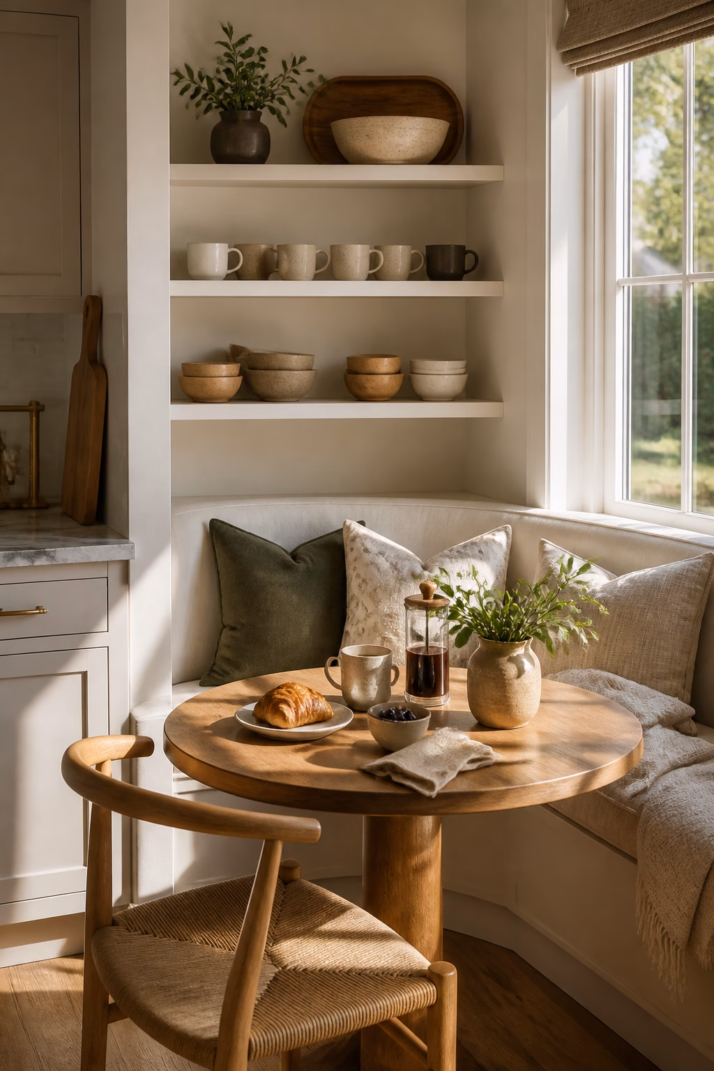 Breakfast nook with small open shelves for mugs bowls and morning essentials.
