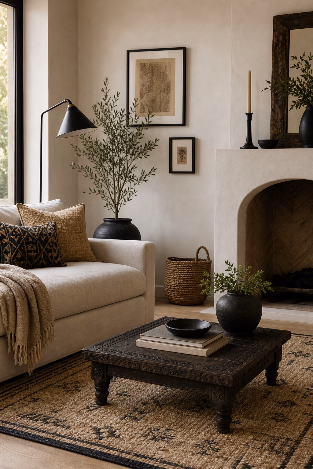 Light boho living room with black floor lamp picture frames and woven rug