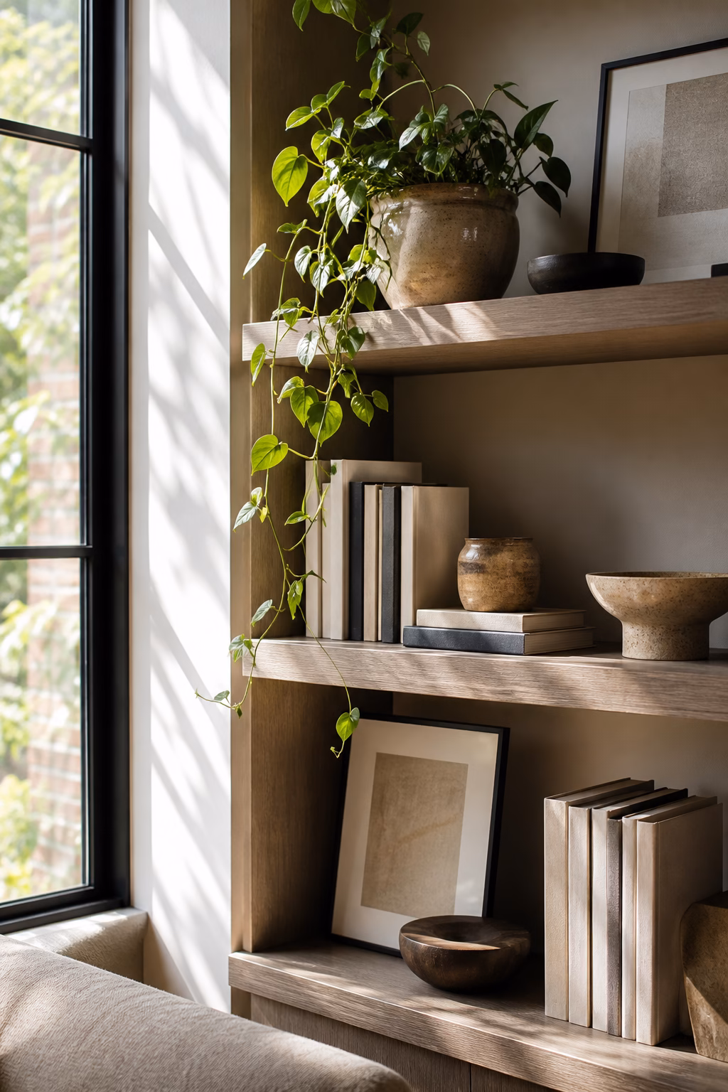 Healthy trailing plant styled on a shelf with real natural light