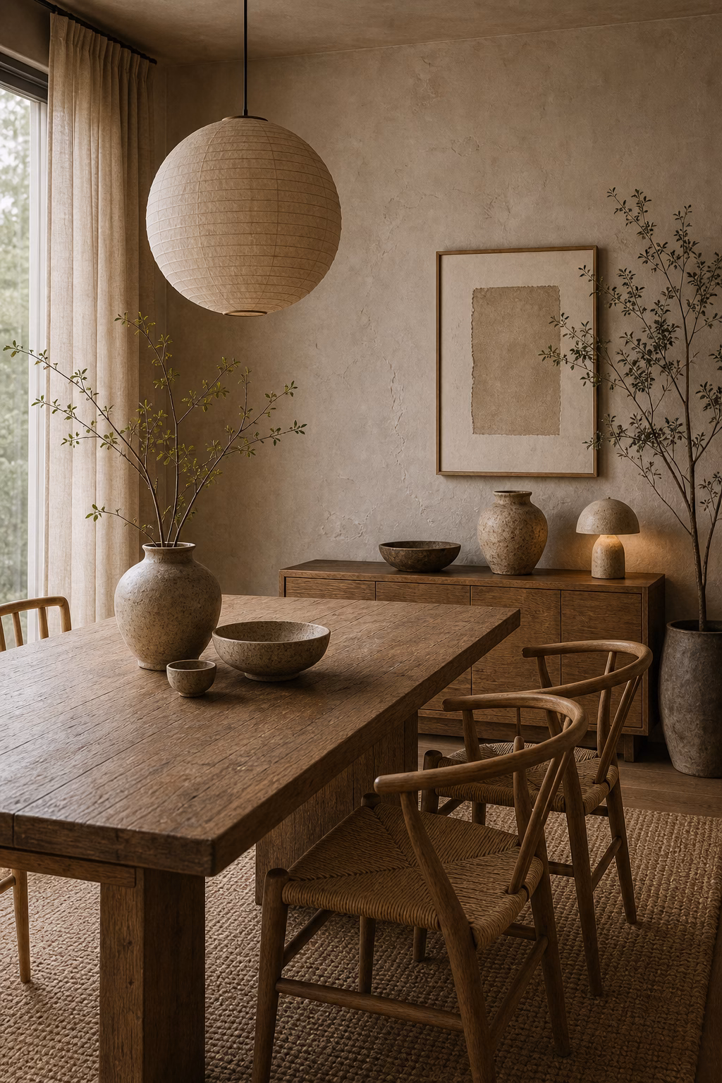 add wabi-sabi texture shown in a polished Japandi dining room with realistic materials and natural light.