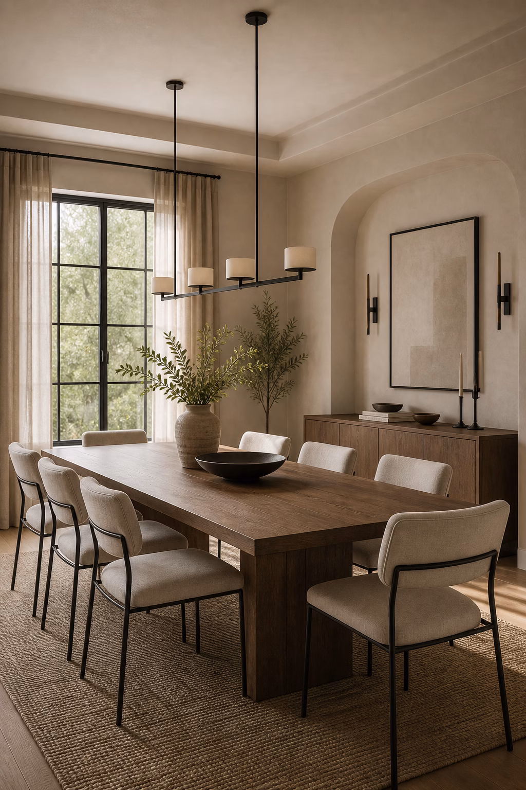 Contemporary dining room with slim black metal accents and warm materials.