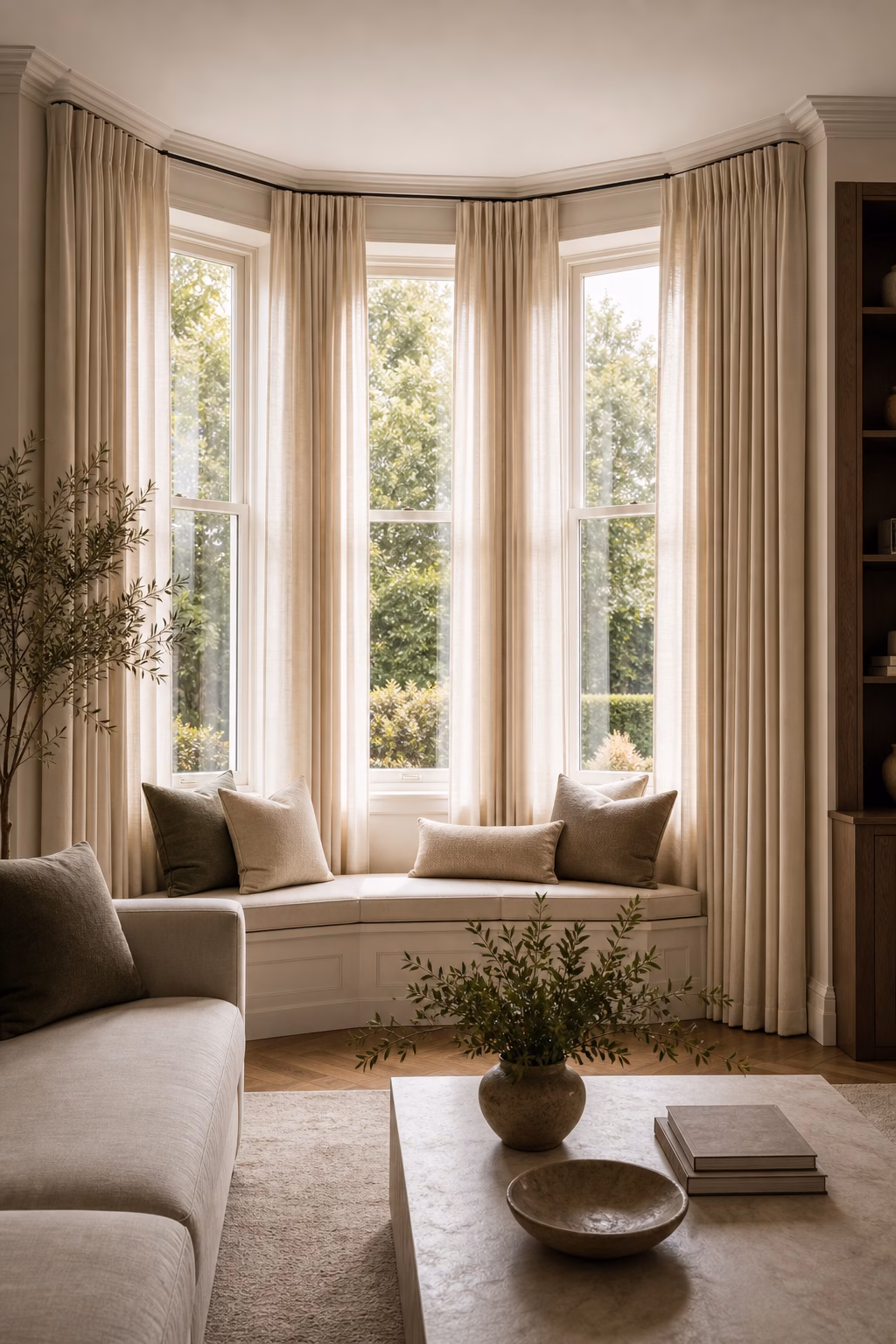 Bay window living room with continuous curtains and built in seating