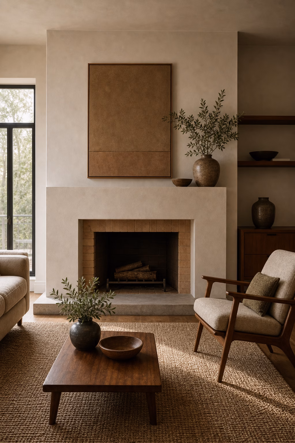 Simple mid-century fireplace with low seating and walnut details