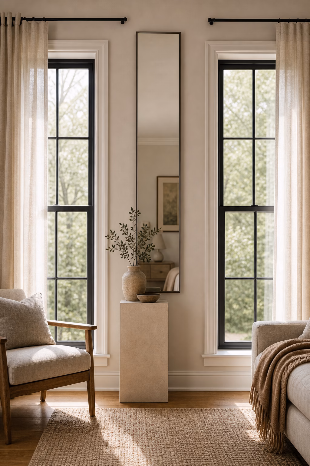 Long narrow mirror fitted between two windows