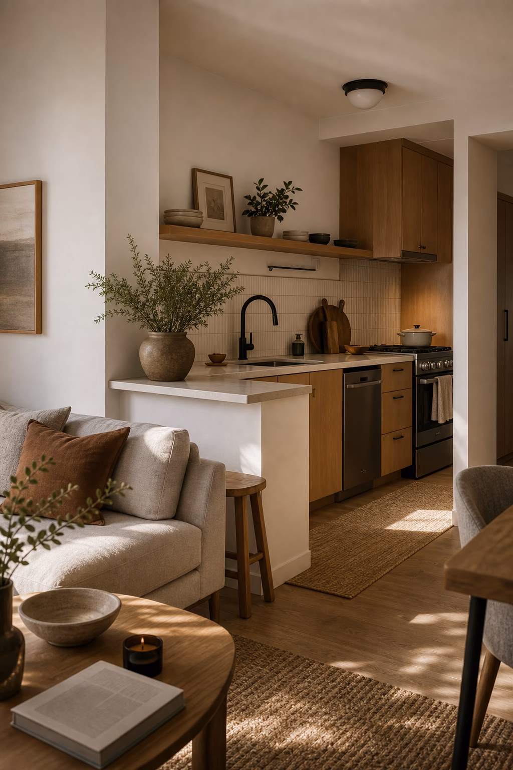 Small apartment kitchen integrated with cozy living area