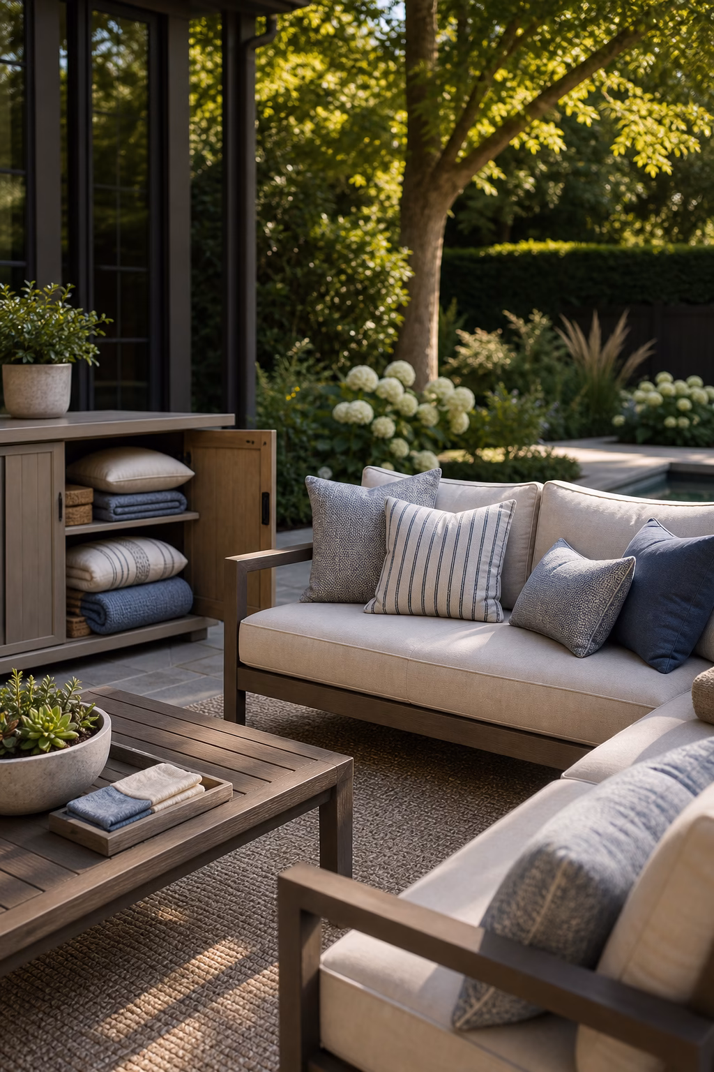 Luxury outdoor lounge with durable performance fabric cushions, textured pillows, and weatherproof furniture.