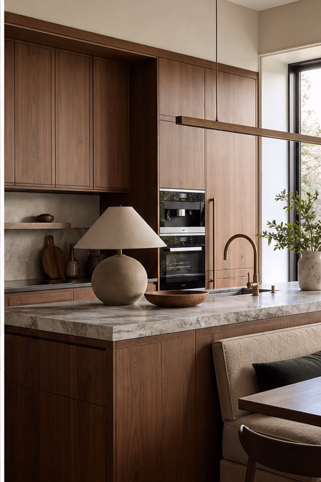 Modern kitchen with furniture-like walnut details and warm styling