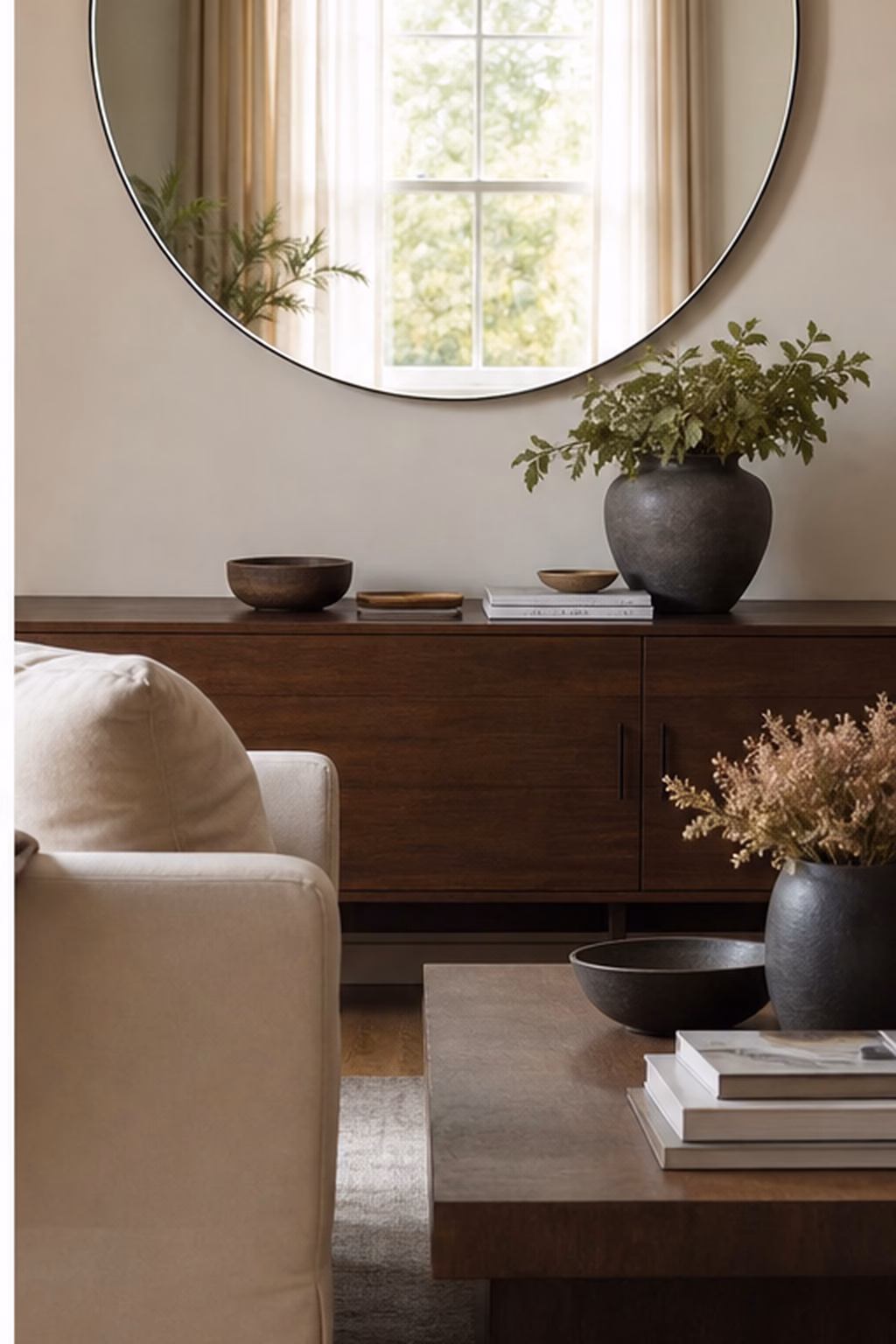 Round mirror reflecting a window instead of clutter in a small room