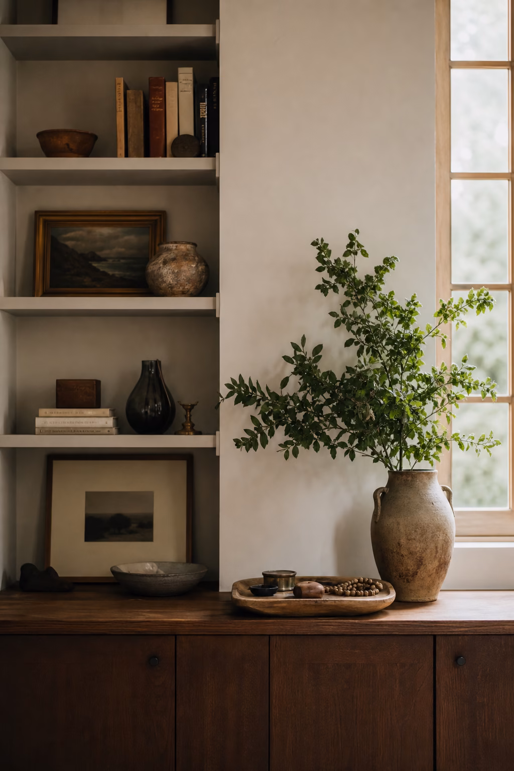 Open oak kitchen shelves supported by precise blackened metal brackets.