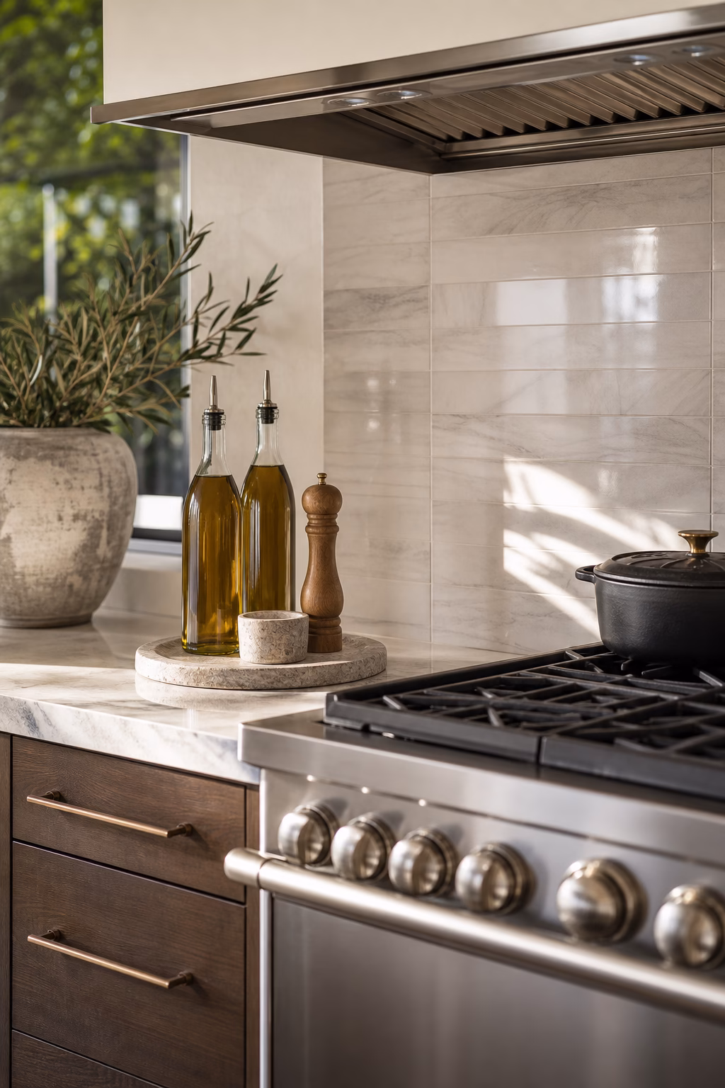 Edited oils and salts styled near a sleek kitchen cooktop