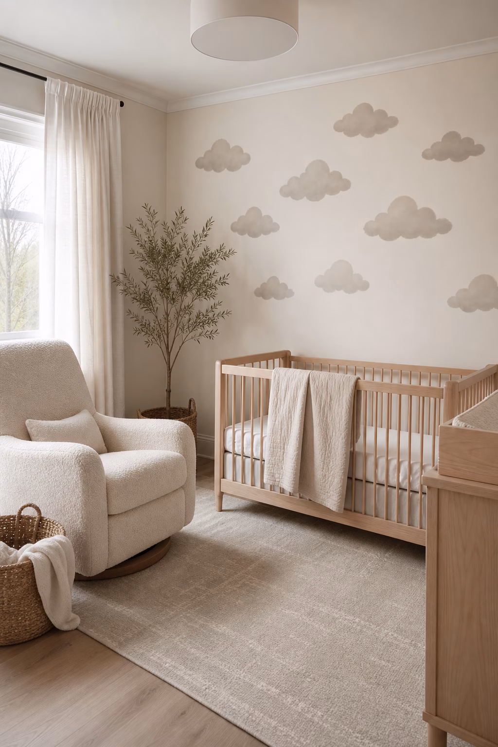 Soft cloud decals creating a calm nursery sleep zone