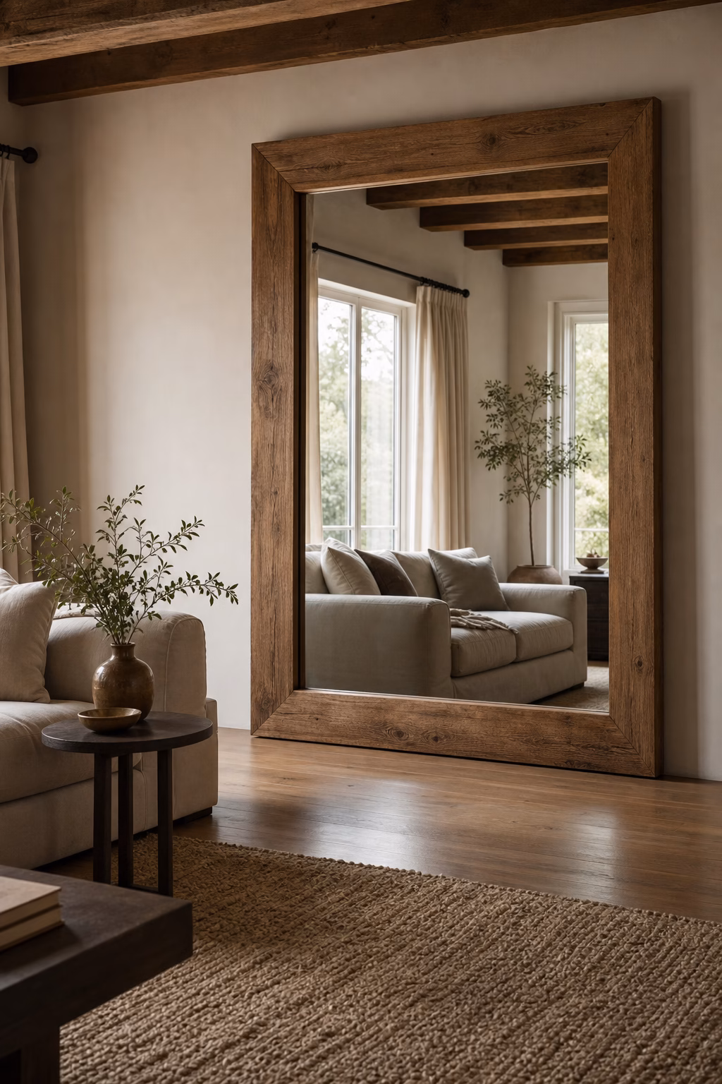 Cozy living room with an oversized mirror reflecting natural light and adding depth.