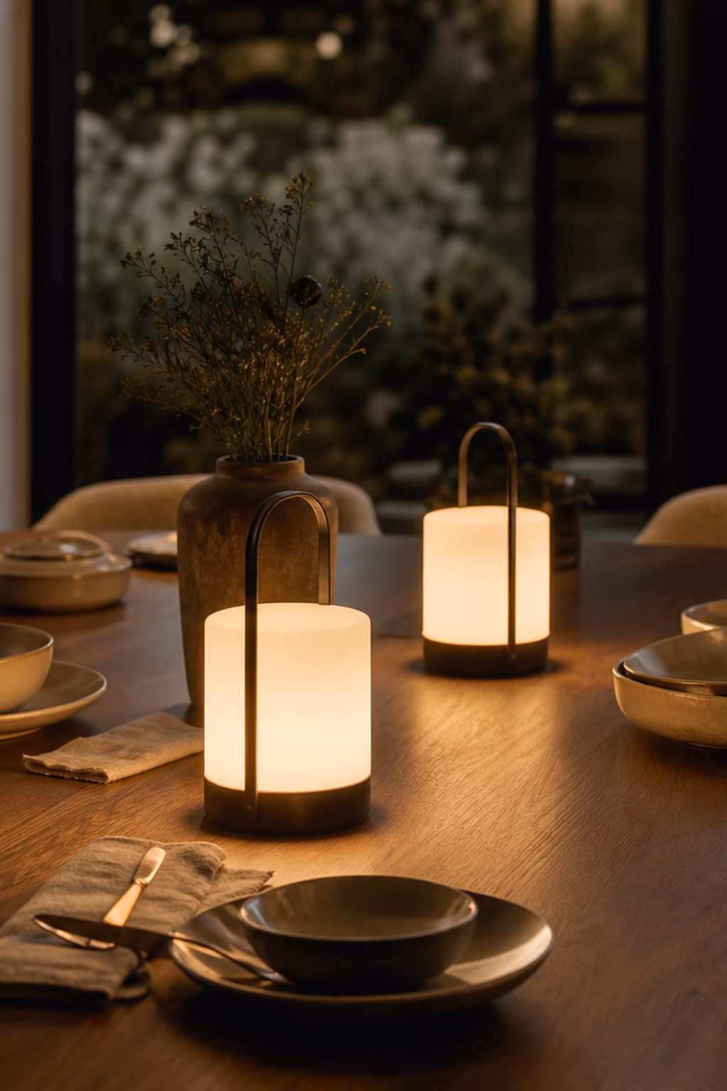 Rechargeable table lanterns adding warm glow to a dining table.