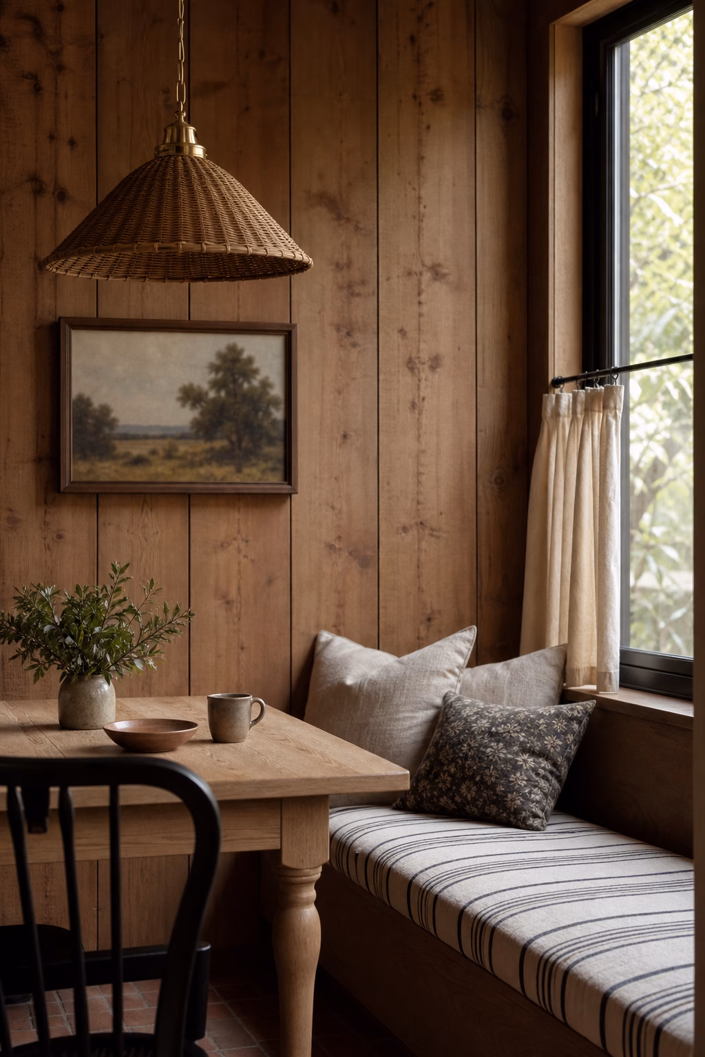 Warm wood beadboard making a breakfast nook feel cozy and rustic