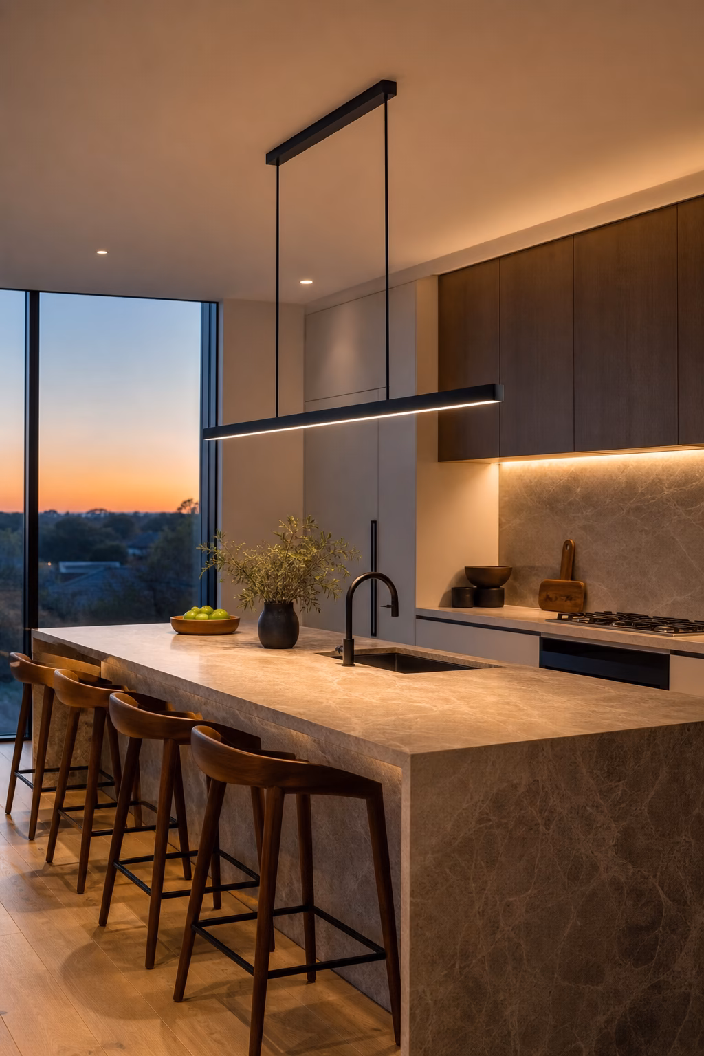 Linear pendant light above a long kitchen island with stone counter