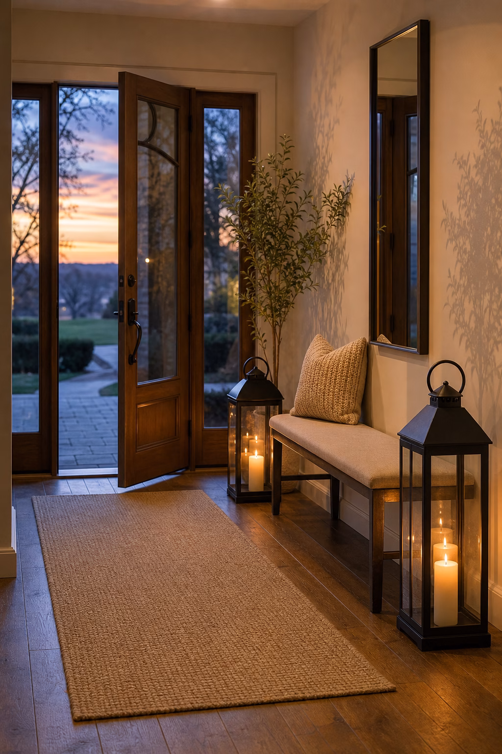 Paired lanterns creating a welcoming glow in an entryway