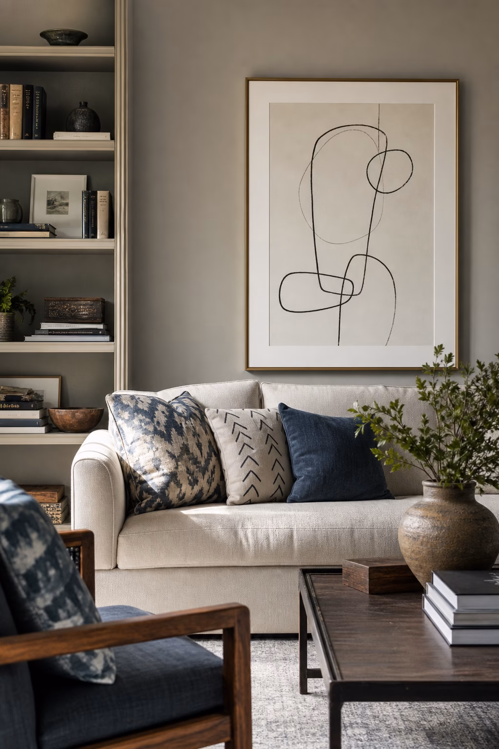 Minimal line art calming a busy living room wall