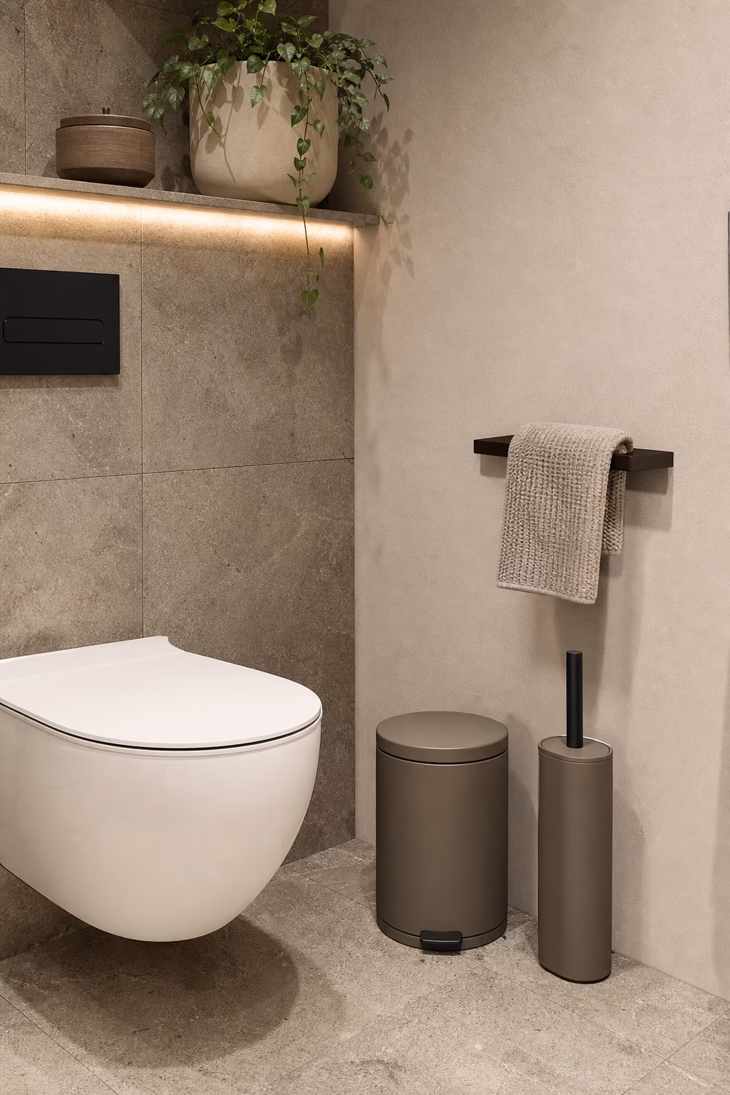 Modern toilet area with covered waste bin slim brush holder and hand towel