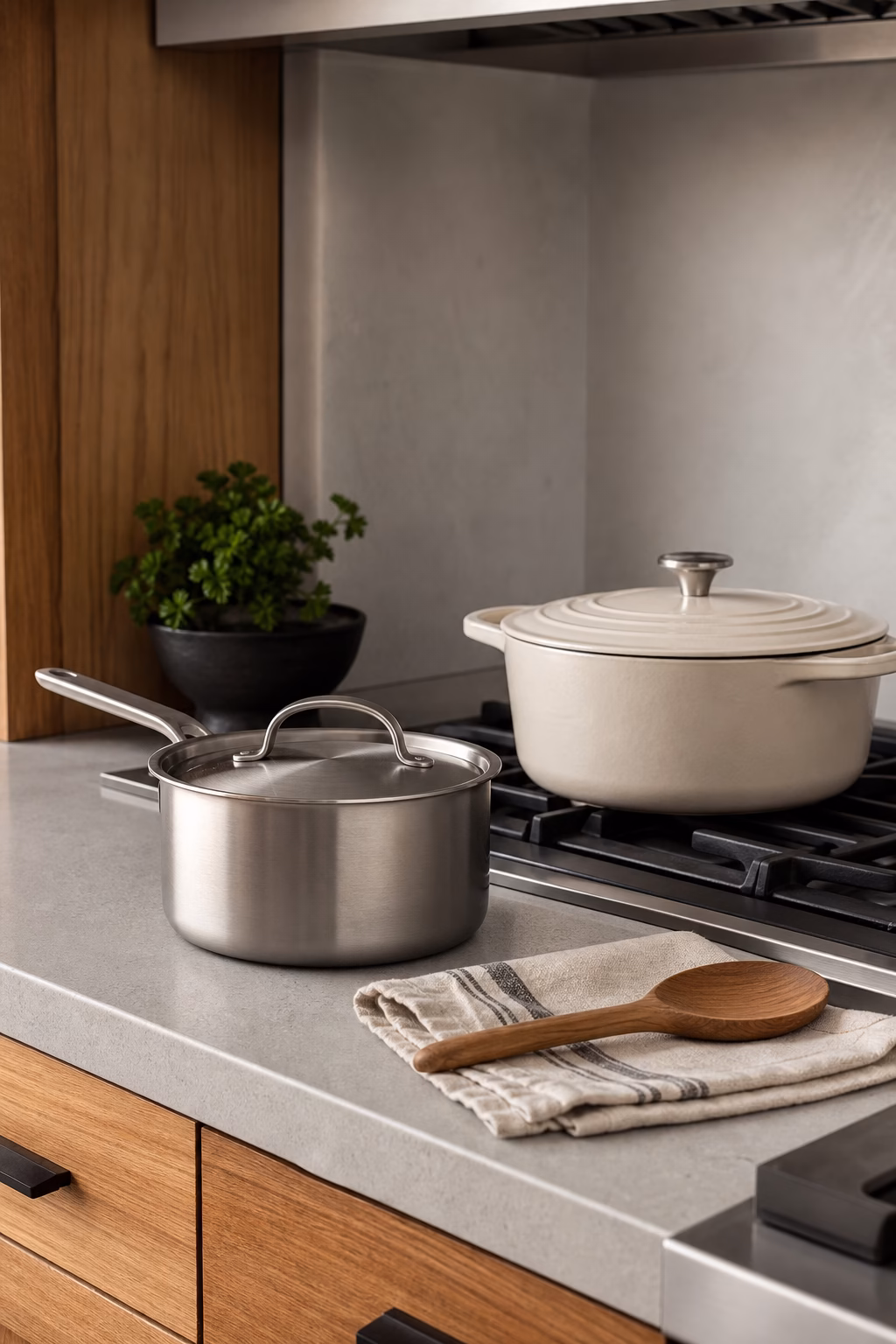 Stainless saucepan and cream Dutch oven on a modern kitchen range counter