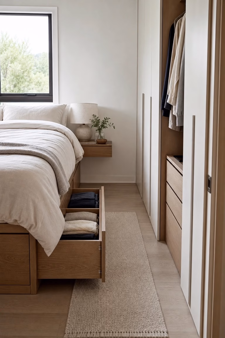 Storage bed drawers arranged around a small bedroom's daily dressing routine.